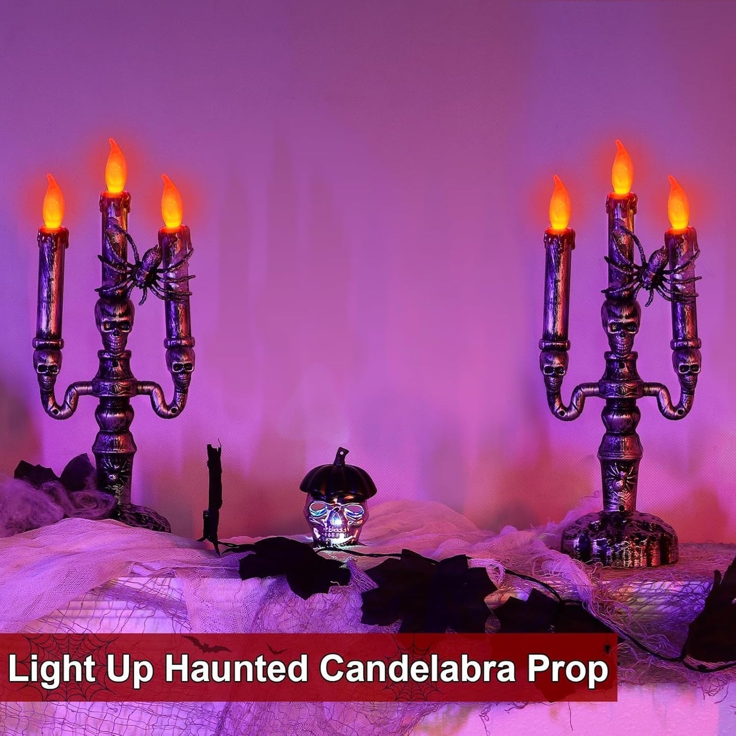 TURNMEON 2 Pack Halloween Candles Halloween Decorations LED Flame Less Candelabra 3-Flickering Lamp Light Up Battery Operated Candles Holder Spider Decor Indoor Table Home Haunted Party