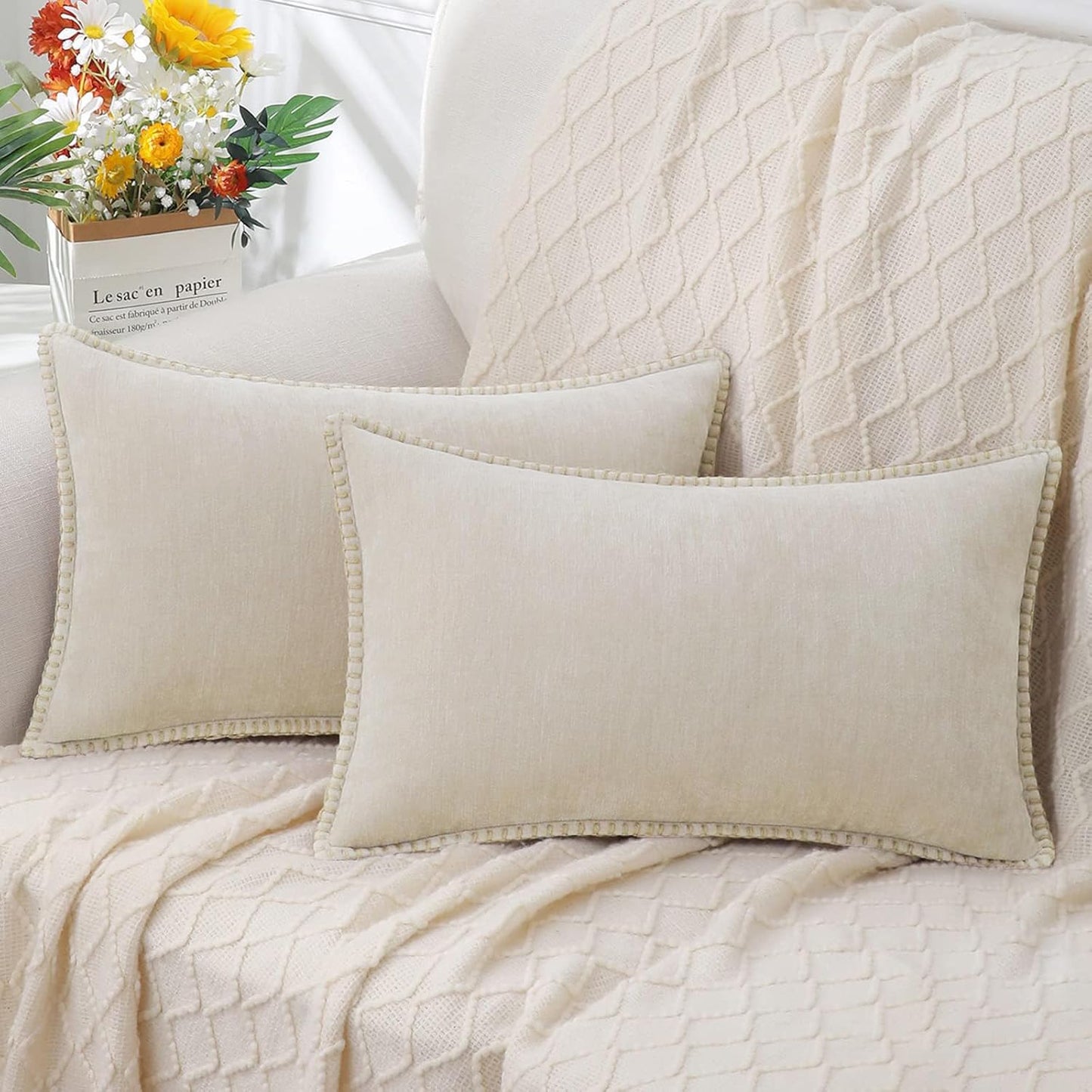 decorUhome Chenille Soft Throw Pillow Covers 12x20 Set of 2, Lumbar Velvet Farmhouse Neutral Decorative Euro Pillow Covers with Stitched Edge for Couch Sofa Bed Home Decor, Beige