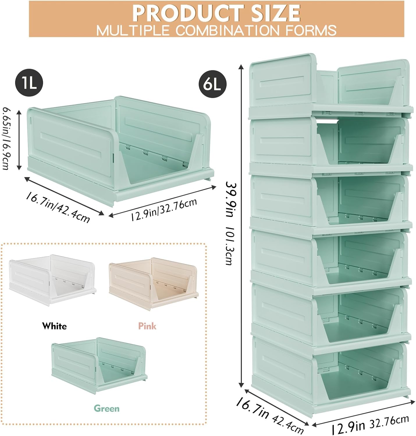 6 Pack Stackable Closet Storage Basket - Stackable Storage Bins, Multifunctional & Foldable Closet Organizer, Wardrobe Cupboard Space-Saving Hat Storage Drawer Organizer, Green