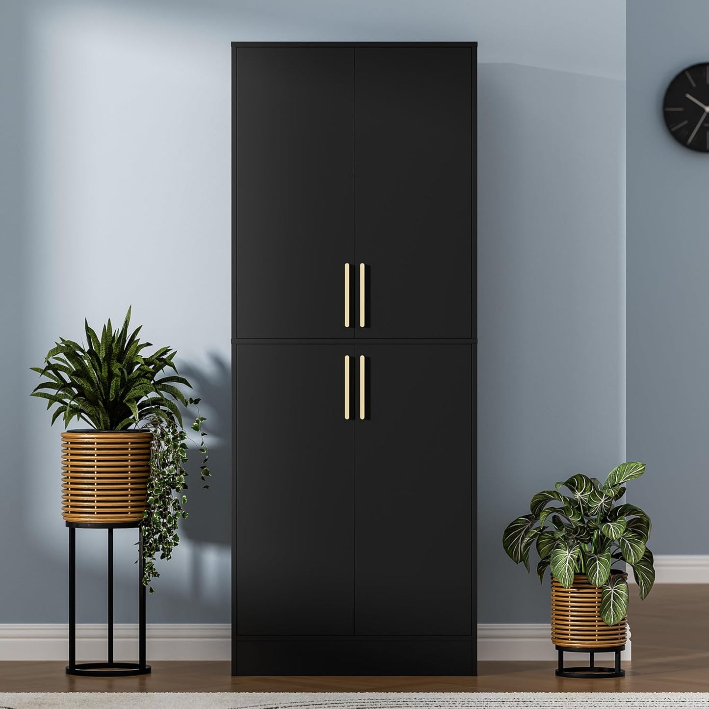 71" Tall Pantry Cabinet, 4 Doors Kitchen Pantry Storage Cabinet, Freestanding Larder Cupboard, Kitchen Hutch with Gold Handles for Dining Room, Bathroom, Black
