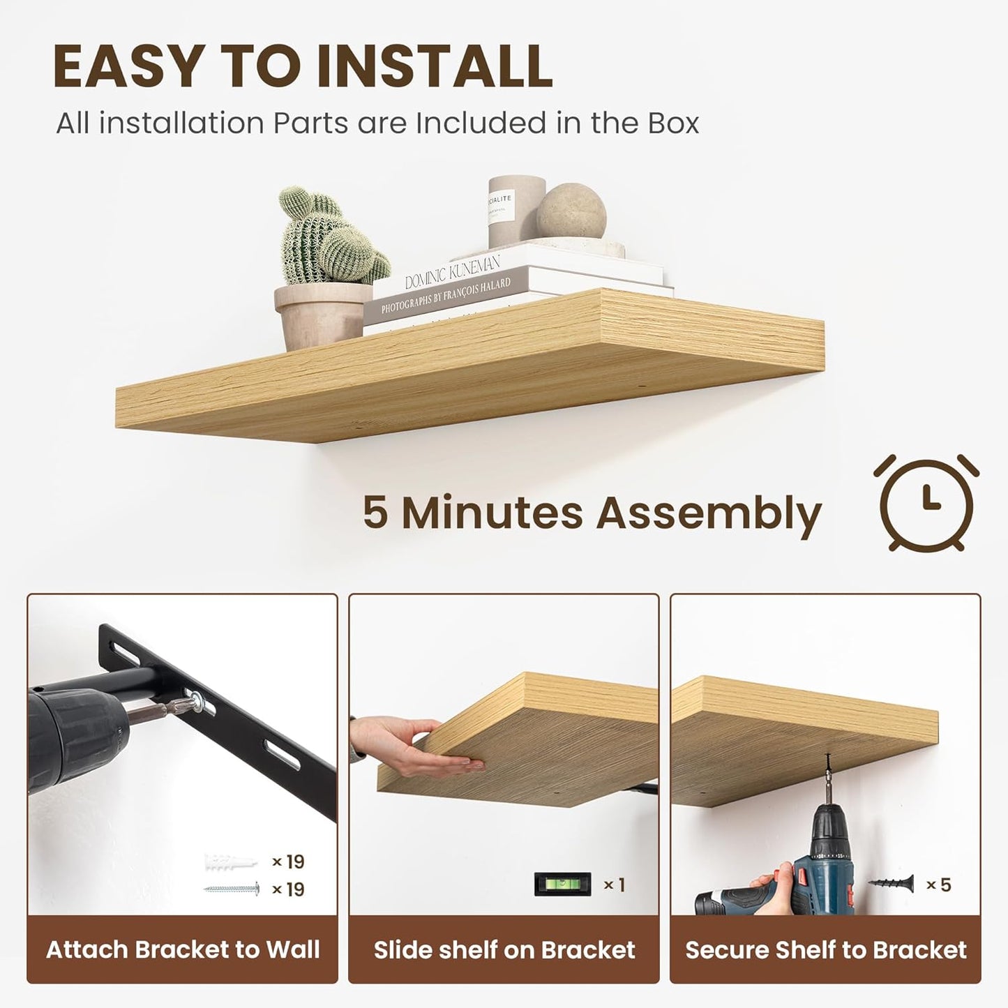 48 Inch Floating Shelves, 12 Inch Deep Floating Shelves for Wall, Large Floating Shelf with Invisible Brackets, Deep Shelves for Bathroom, Bedroom, Living Room, 1 Pack, Natural