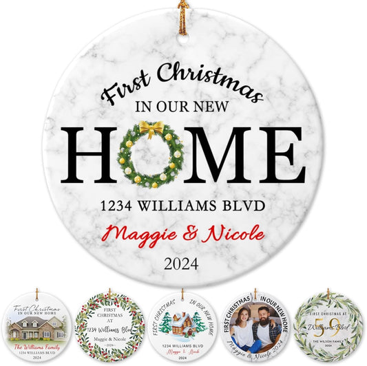 Personalized New Home Ornament 2025 w/Name & Address, Custom First Christmas in Our New Home Ornaments,Double-Sided Ceramic Customized New House Xmas Ornaments