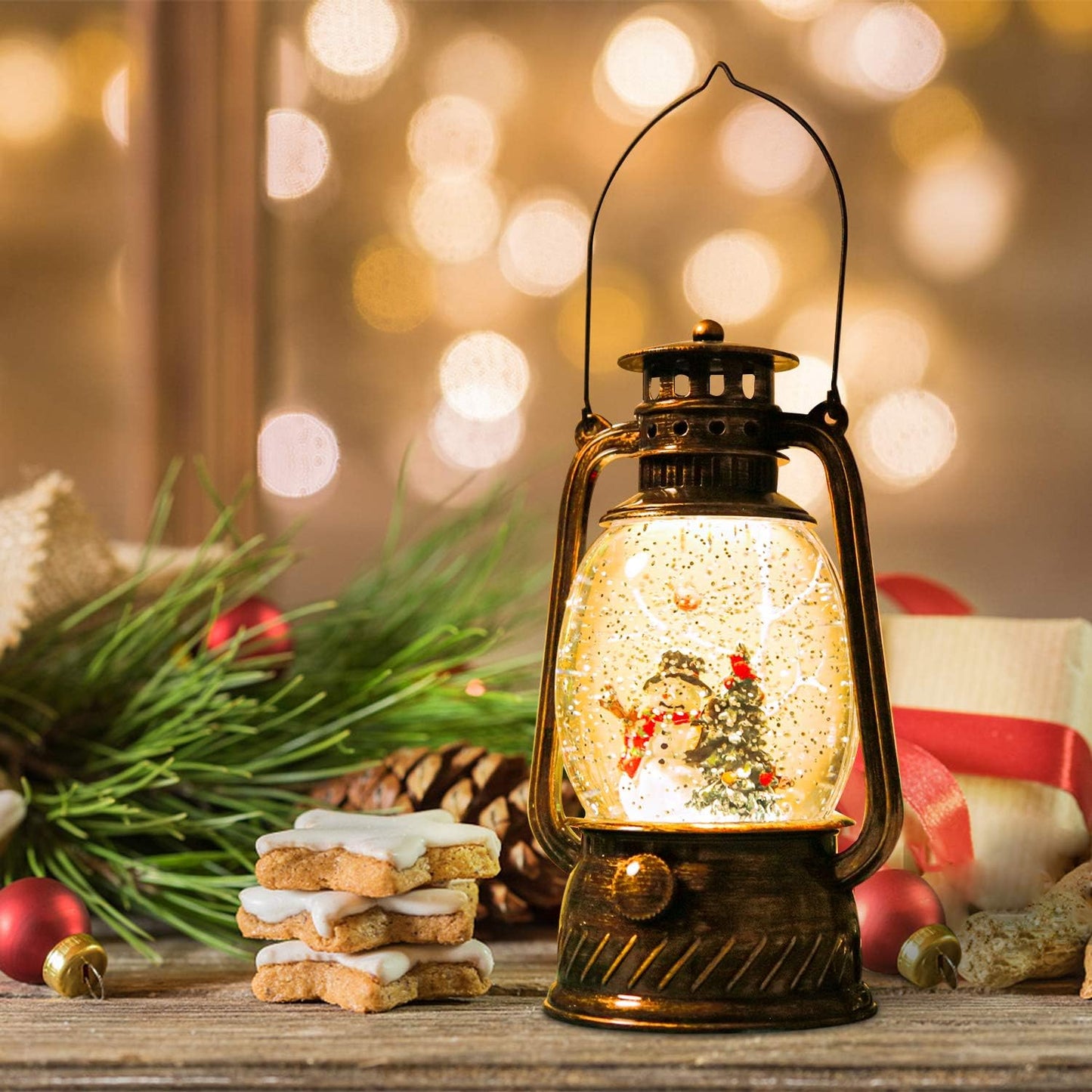 Christmas Snow Globe Lantern with Swirling Glitter and Battery & USB Powered Light 6H Timer for Christmas Home Decoration and Gift (Christmas Tree and Snowman)