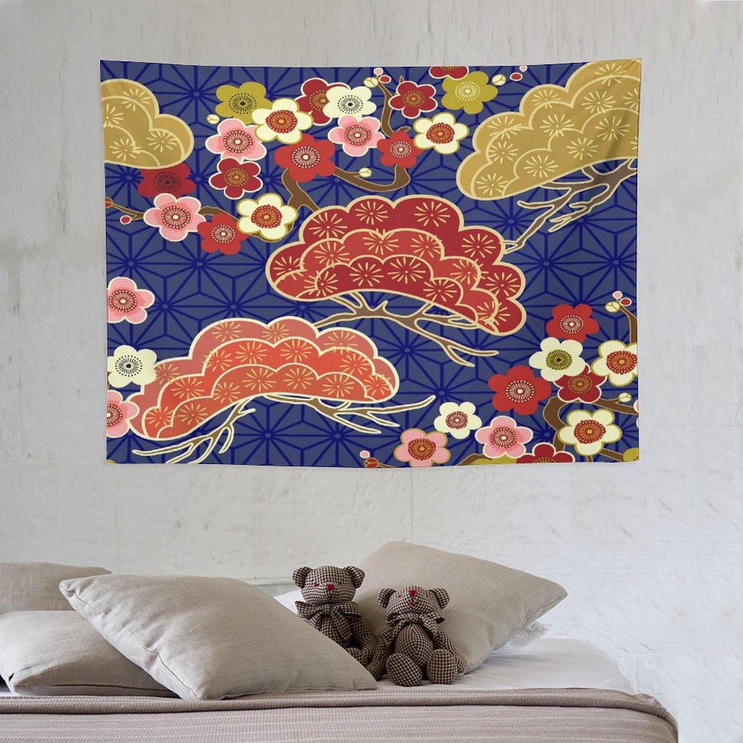 HZOHNAGO Japanese Tapestry Art Abstract Colorful Cherry Blossom Blue Background Pattern Printed Wall Tapestry Painting Wall Hanging for Bedroom Living Room Dorm 40" W x 30" H