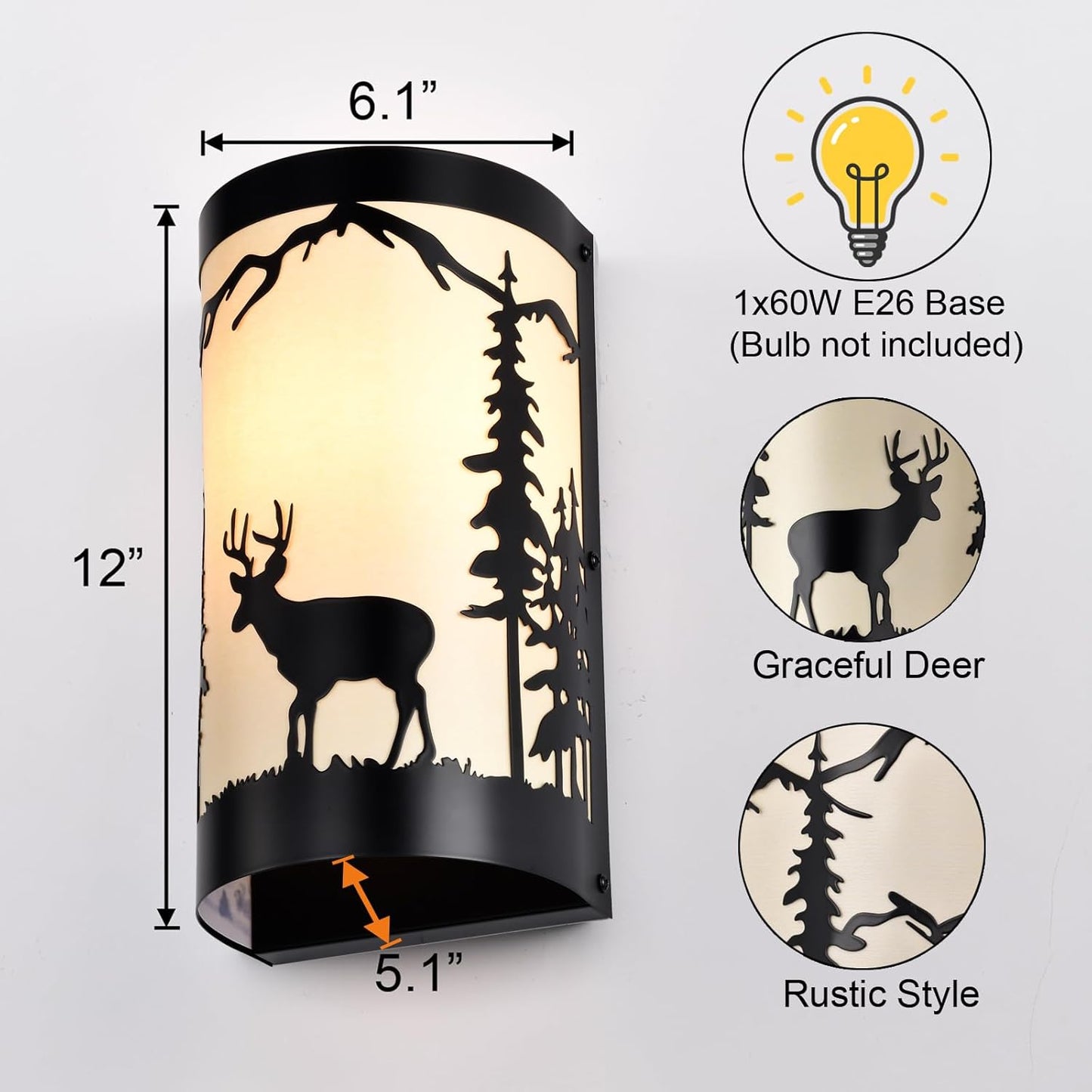 Wall Light Fixtures,Deer Cream White Parchment Rustic Wall Sconces,Farmhouse E26 Base Wall Sconce Light,Industrial Metal Black Sconce,Wall Lamps for Bedroom,Living Room,Hallway,Stairway