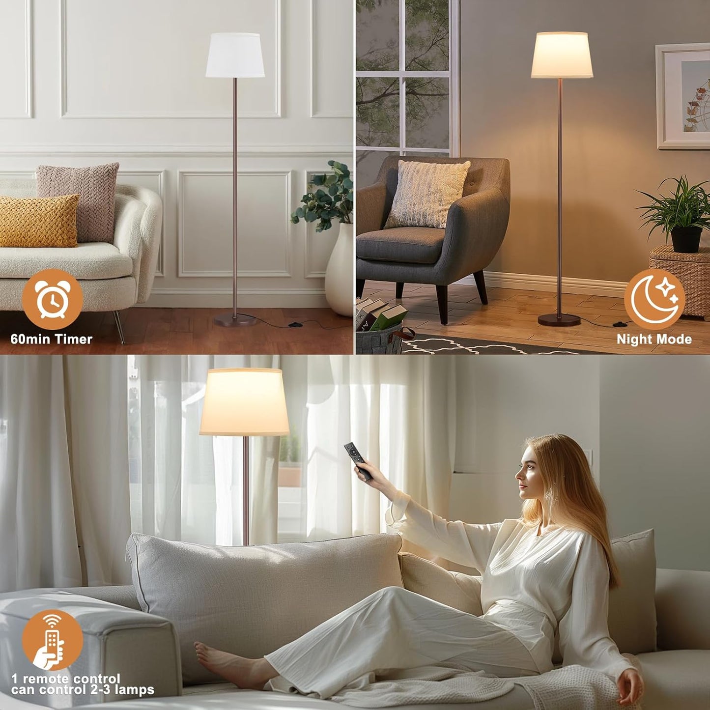 【Upgraded Floor Lamps for Living Room, Modern Floor Lamp with Remote Control, Dimmable Colors Temperature Standing Lamp Foot Switch, 9W Bulb Tall Lamps for Bedroom Office Kid Room - Brown