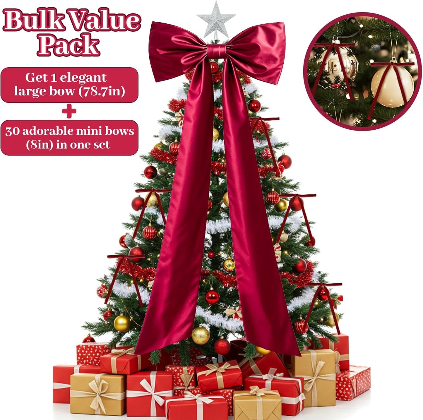 OurWarm Christmas Tree Topper Bow with Long Ribbon, 27.5 x 78.7 Inch Large Red Christmas Bow with 30 Small Red Velvet Bows for Christmas Tree, Christmas Tree Bows for Home Wreath Car Outdoor Decor