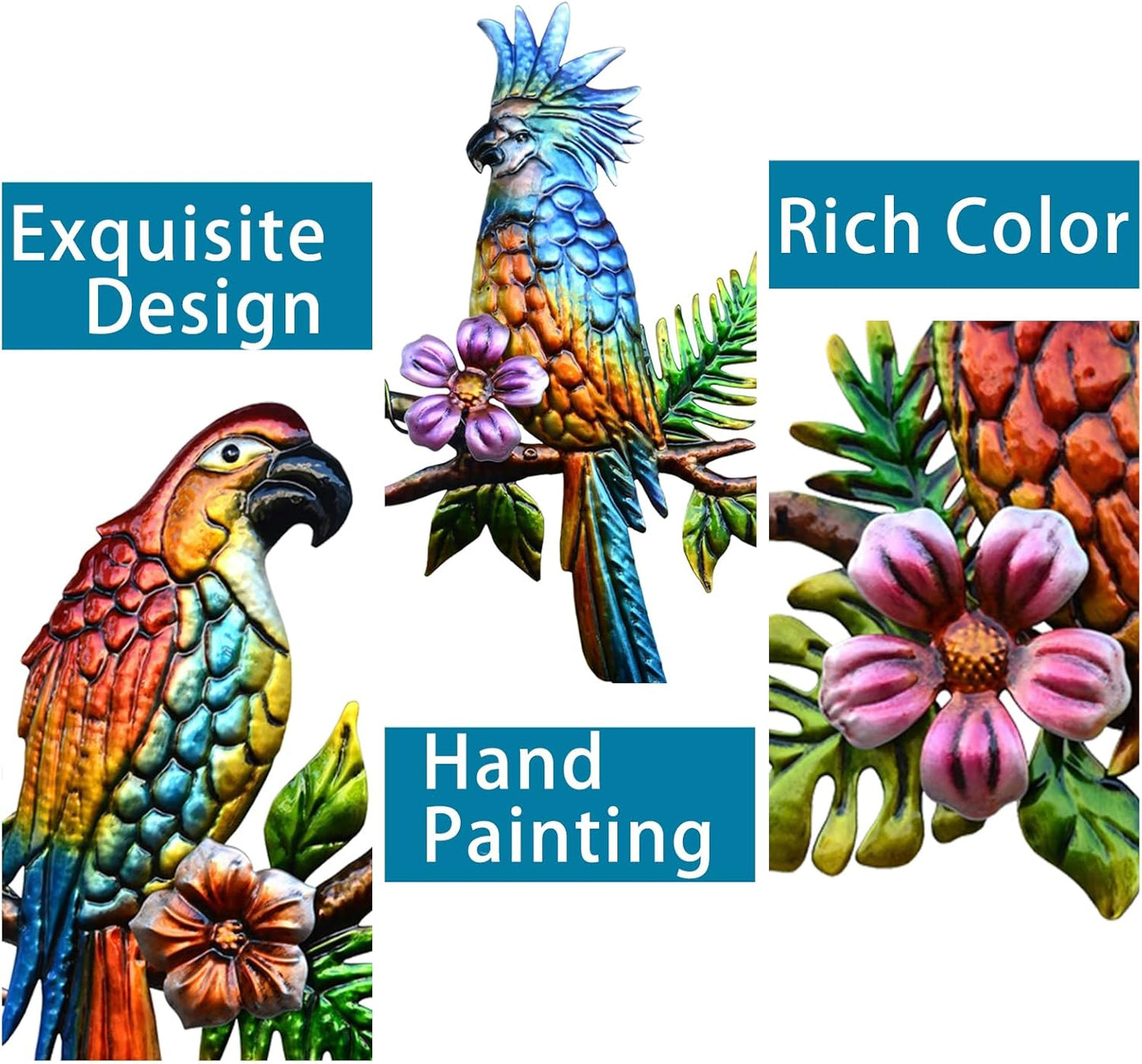 J-Fly Parrot Tropical Wall Art Decor - 3 Hanging Sculptures, Metal, 12" x 8.5", Indoor Kitchen Living Room Wall Mount, Unframed, Glossy, Tropical Style, 3.0 Count