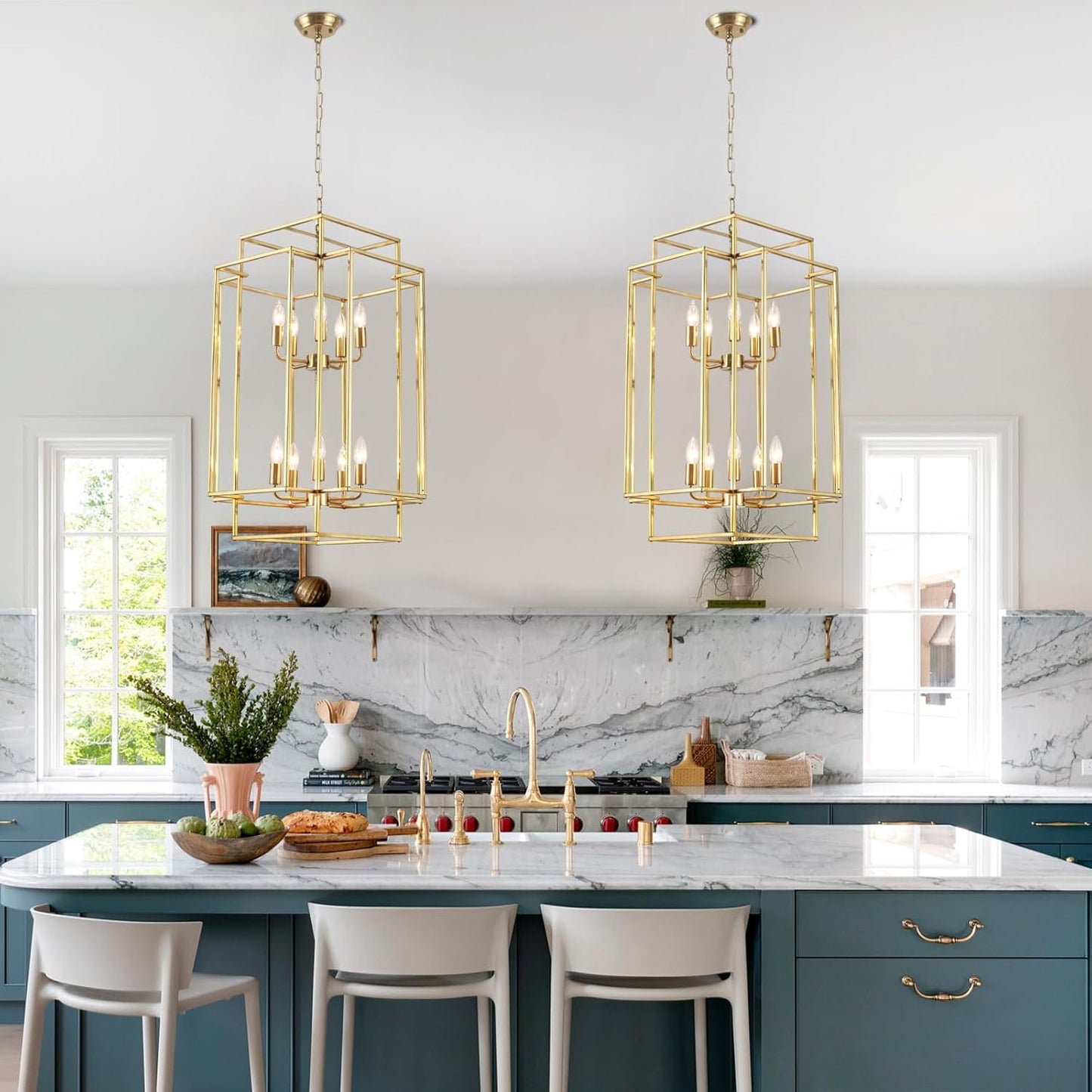 30" Farmhouse Gold Chandelier, 10-Light Foyer Lighting Fixtures, Lantern Tiered Pendant Light Fixtures, Metal Rustic High Ceiling Chandelier for Dining Room Entryway Staircase