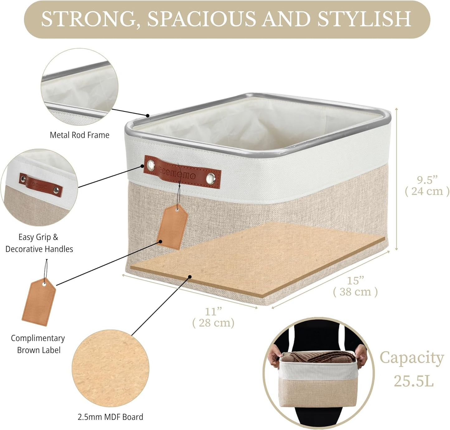 DECOMOMO Storage Bins Fabric Storage Baskets for Shelves, Linen Closet Organization Toys Nursery (Beige and White, Large - 1 Pack)