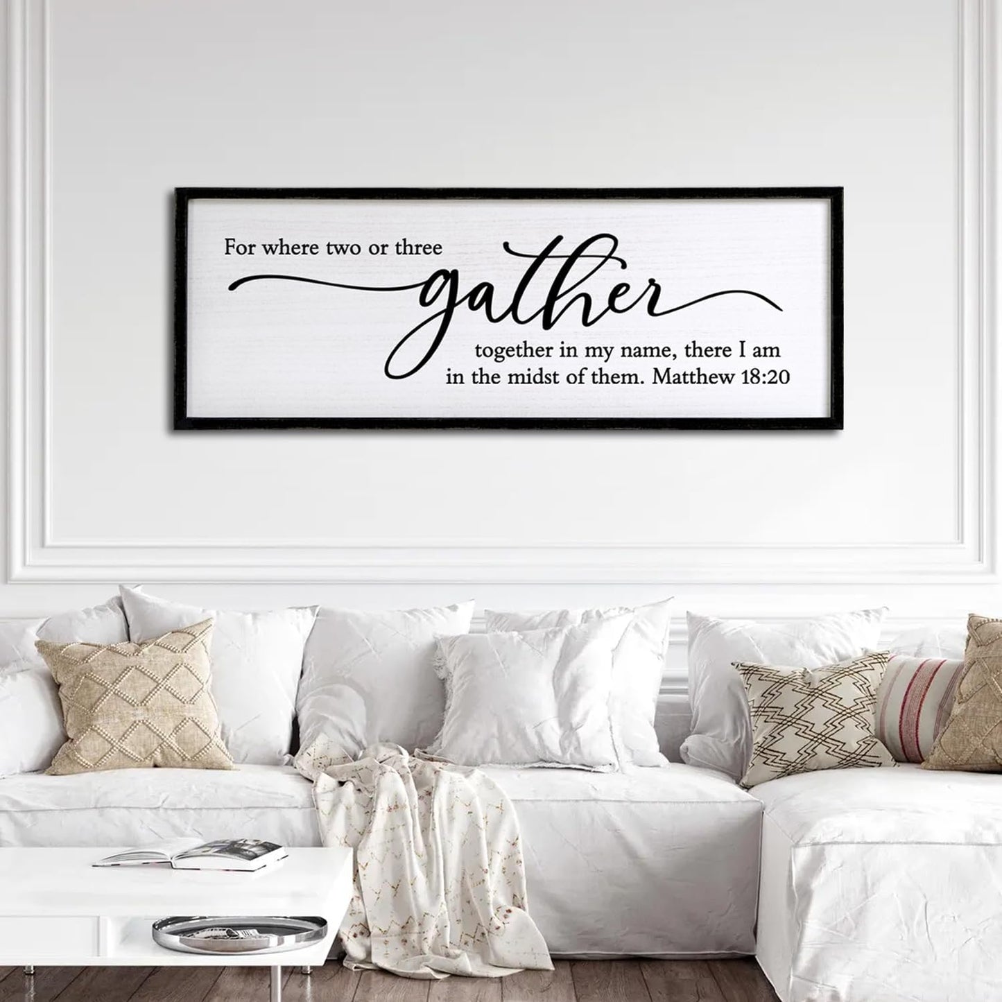 For Where Two Or Three Gather Sign Dining Room kitchen Wall Decor Bible Verse Scripture Matthew 18:20 Wooden Frame 32X12 Inch for Christian Family Hanging Art (Black)