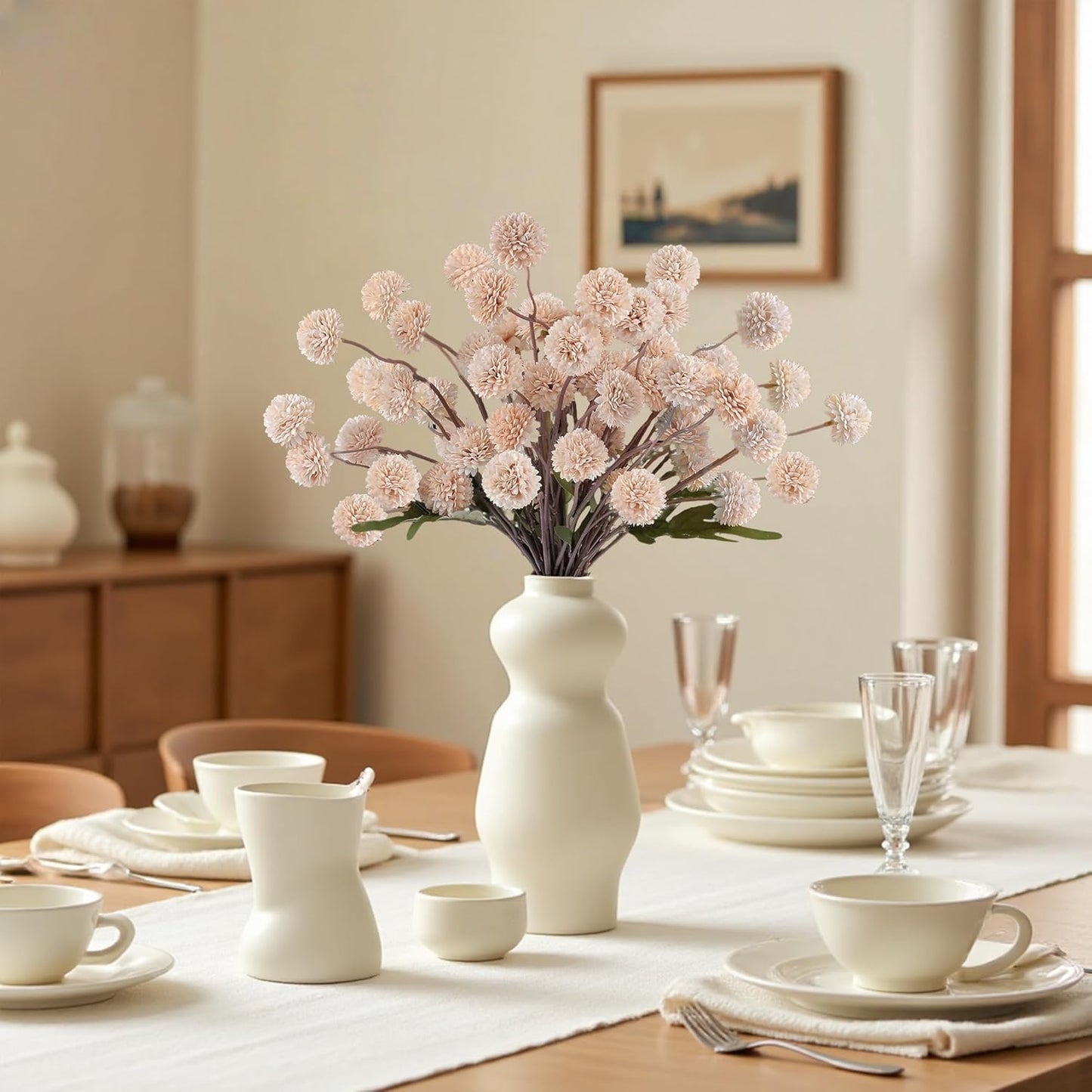 Faux Beige Kiku Flowers 10 Stems & 2 Eucalyptus, Fake Mums Pompon Flower Ball, Autumn Artificial Chrysanthemums Flowers for Boho Bedroom Decor, Silk Mini Faux Kiku Flower Wedding Arrangements Decor