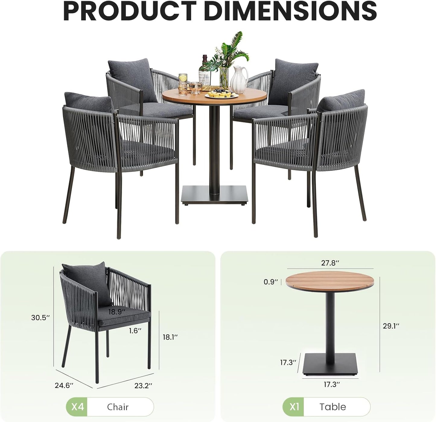 Soohow 5 Pieces Outdoor Dining Set for 4, Patio Table and Chairs Set 4 X Rattan Wicker Patio Chair with Cushions and 1 X Outdoor Table Plastic Wooden Top for Lawn, Deck Backyard, Poolside