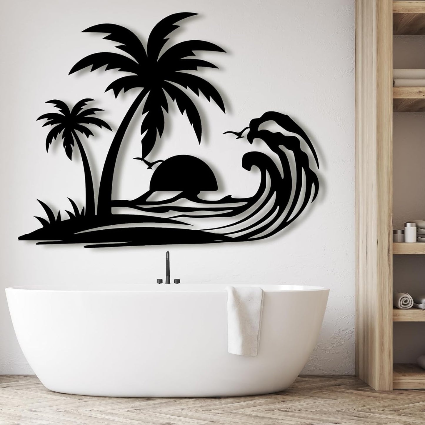 Lunwall Palm Tree Metal Wall Art, Tropical Palm Tree Wall Decor, 30 L" x 23 W" / 76 x 60 cm, Black, Vertical, Wall Mount, Indoor and Outdoor, Polished Finish