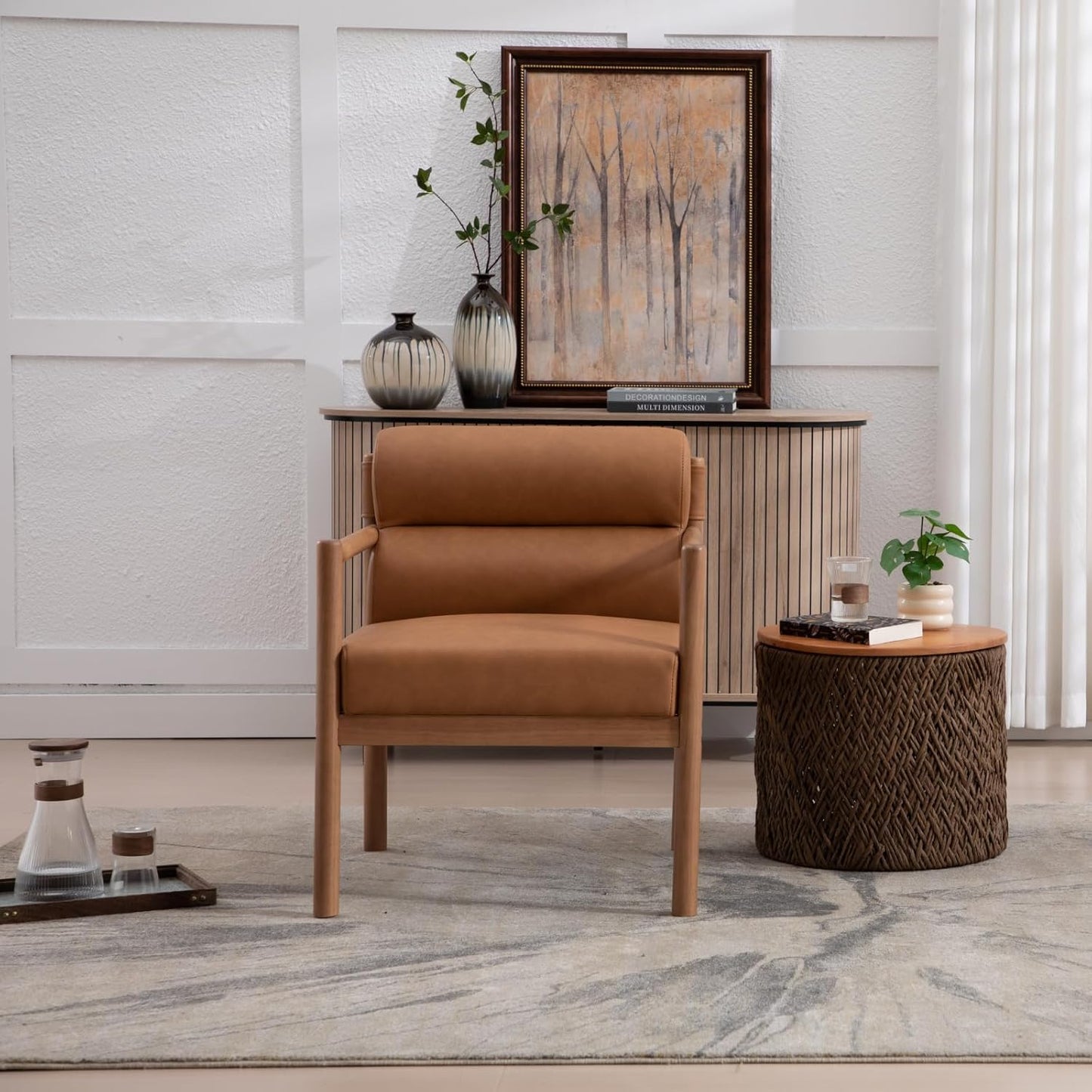 Modern Living Room Chair, Brown Upholstered Accent Chair with Channel Tufted Back, Walnut Wood Lounge Reading Arm Chair, Faux Leather Fabric Side Sitting Chair for Guest Room, Balcony, Bedroom