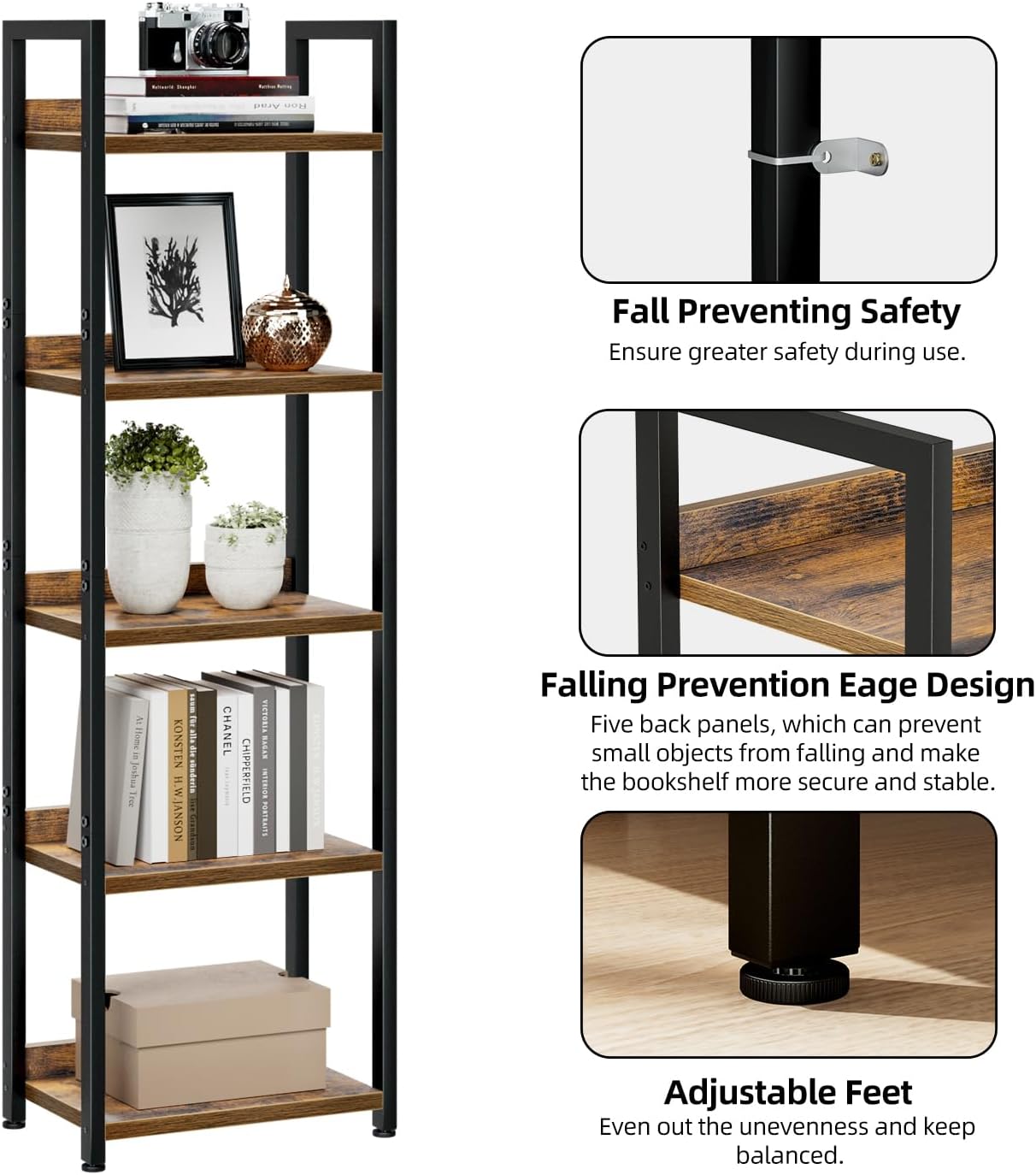 NUMENN Narrow Bookshelf, 5 Tier Bookshelves, Home Office Bookcase Shelf Storage Organizer, Free Standing Storage Shelving Unit for Bedroom, Living Room and Home Office, Vintage