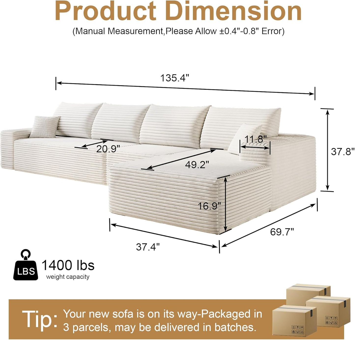 136" Sectional Couches for Living Room Modern Modular Sofa with L-Shape Couchs Upholstered Boneless Couch Deep Seat Sectional Couch with Chaise (White, Right Facing Chaise+3Seaters)
