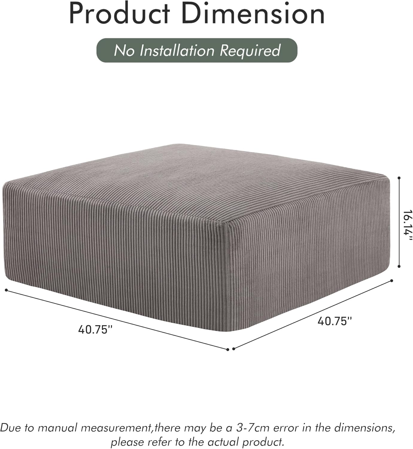 40" Square Stuffed Ottoman Pouf for Sofa Couch, Corduroy Poufs with Foam Chunk Filling, Furry & Fluffy Foot Stool Movable Ottoman. 40 * 40 Floor Poufs Foot Rest for Living Room, Grey