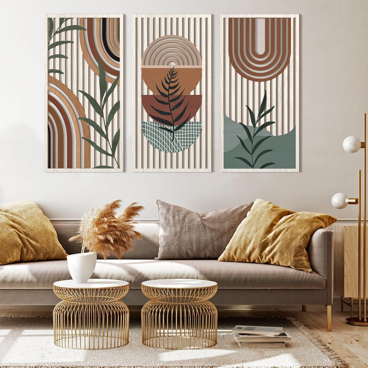 IARTTOP Large Abstract Geometric Wood Boho Wall Art Boho Wall Decor Set Mid Century Modern Wooden Wall Decor Bohemian Wall Art For Bedroom Living Room Office 16"x32"