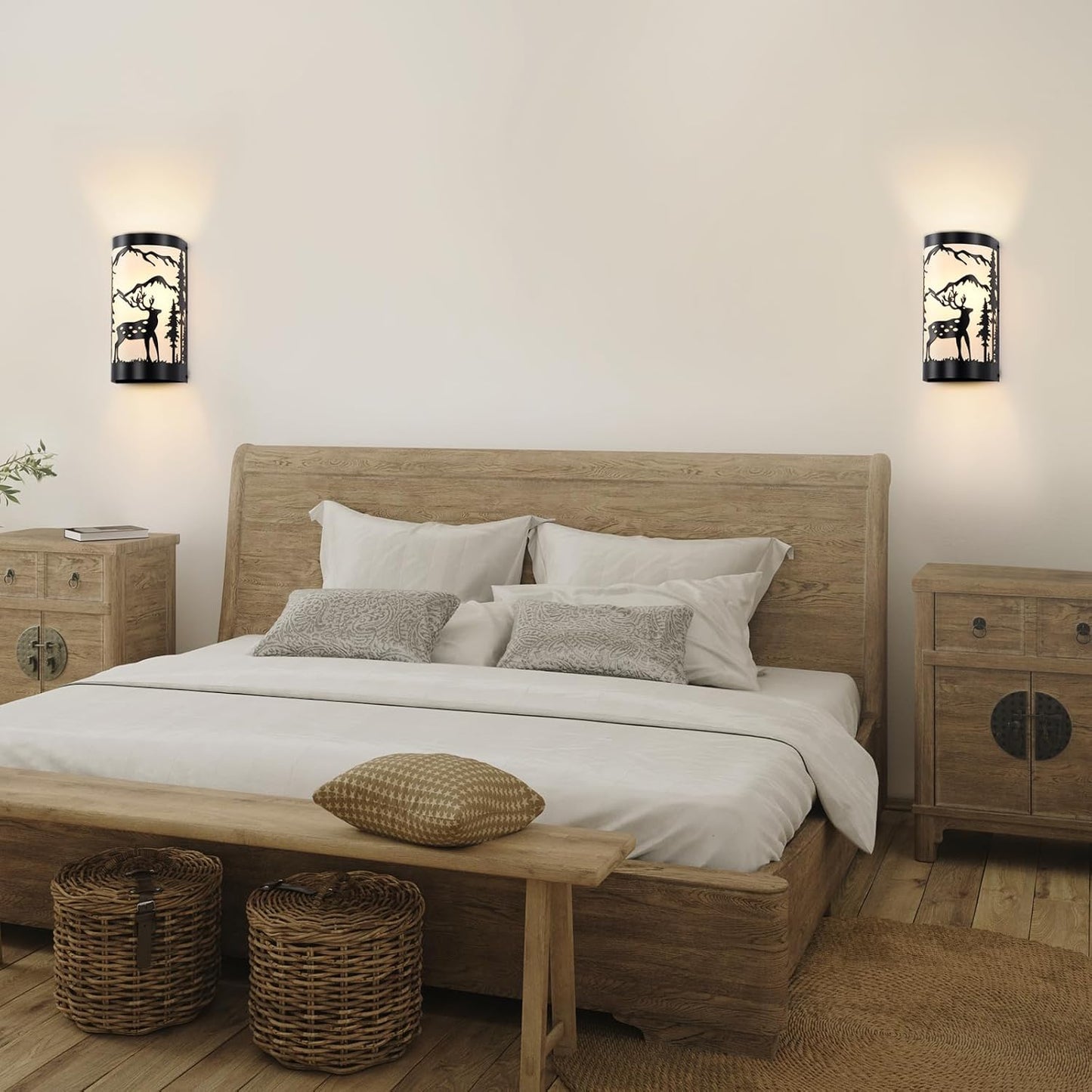 Black Wall Sconces Set of Two,Deer Metal Cream Parchment Rustic Wall Sconces,Farmhouse Indoor Wall Light Fixtures,Industrial Matte Sconce Light,Wall Lamps for Bedroom,Living Room,Hallway