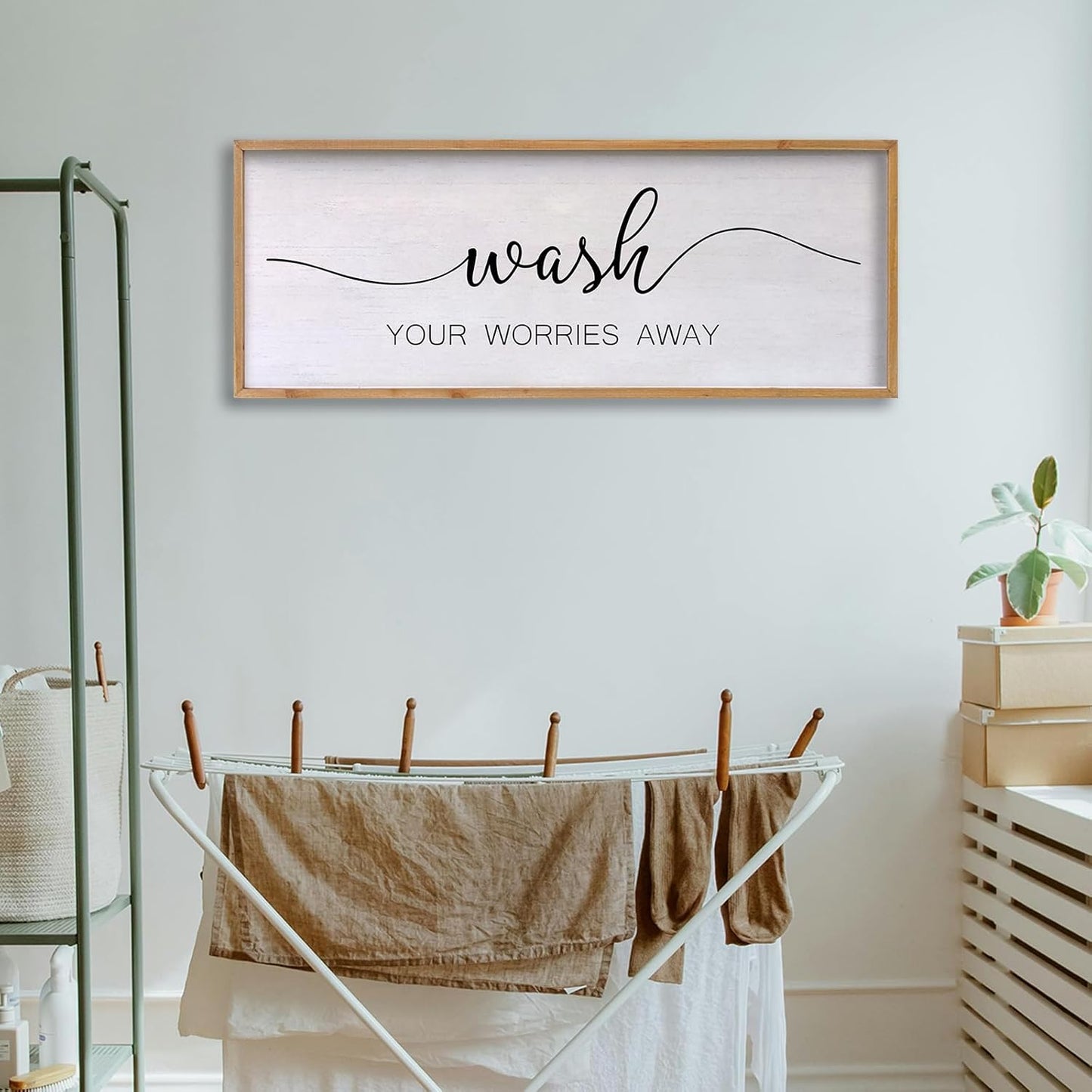 Wash Your Worries Away Bathroom Wall Art 24×10 Inch Wood Framed Decor Funny for Laundry Room Restroom Modern Rustic Inspirational Sign (Wood)