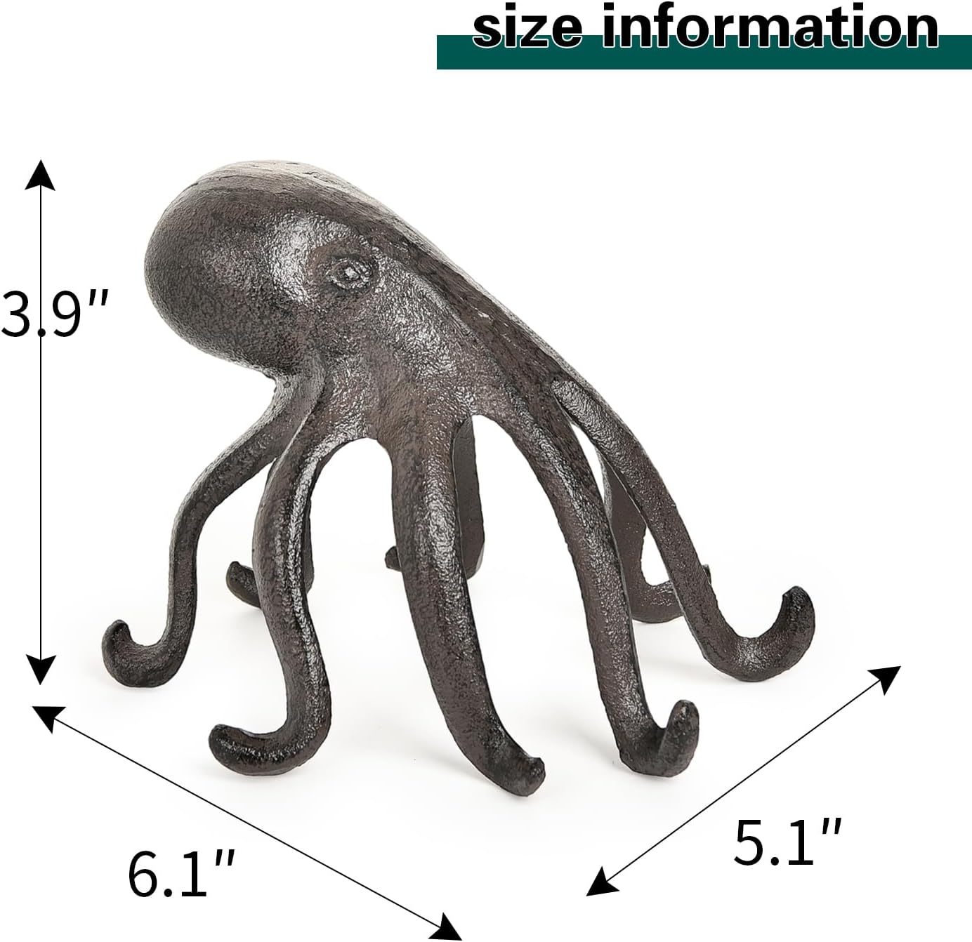 Sungmor Cast Iron Octopus Statue, Decorative Bookend, Cute Sculpture on Bookshelf or Desk, Creative Cell Phone Holder, Octopus Stand for Tablet, Black Brown