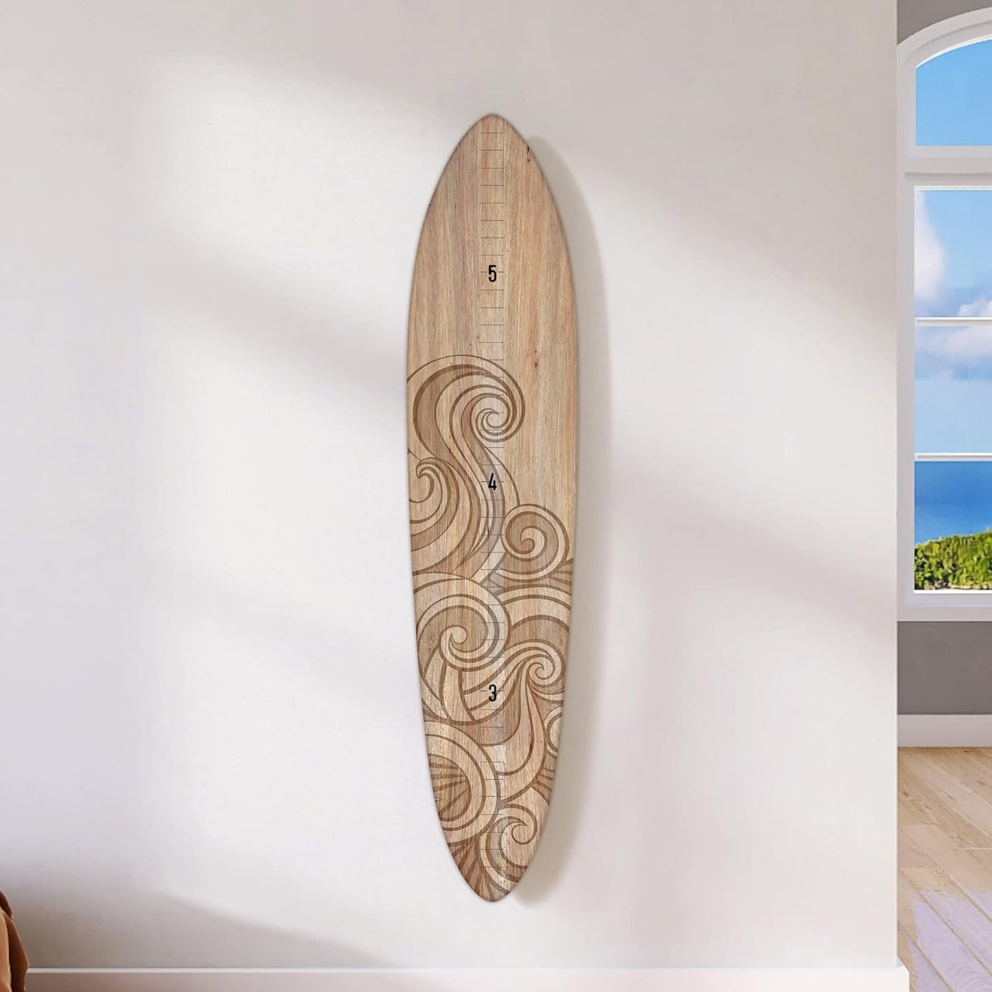 Wooden Surfboard Wall Decor Growth Chart - Surfboard Art Decor for Kids Room, Wood Surfboard Kids Sizing Chart, Surf Boards Art, Height Board Surfer Decor - Brown Wave (9.5"x 46")