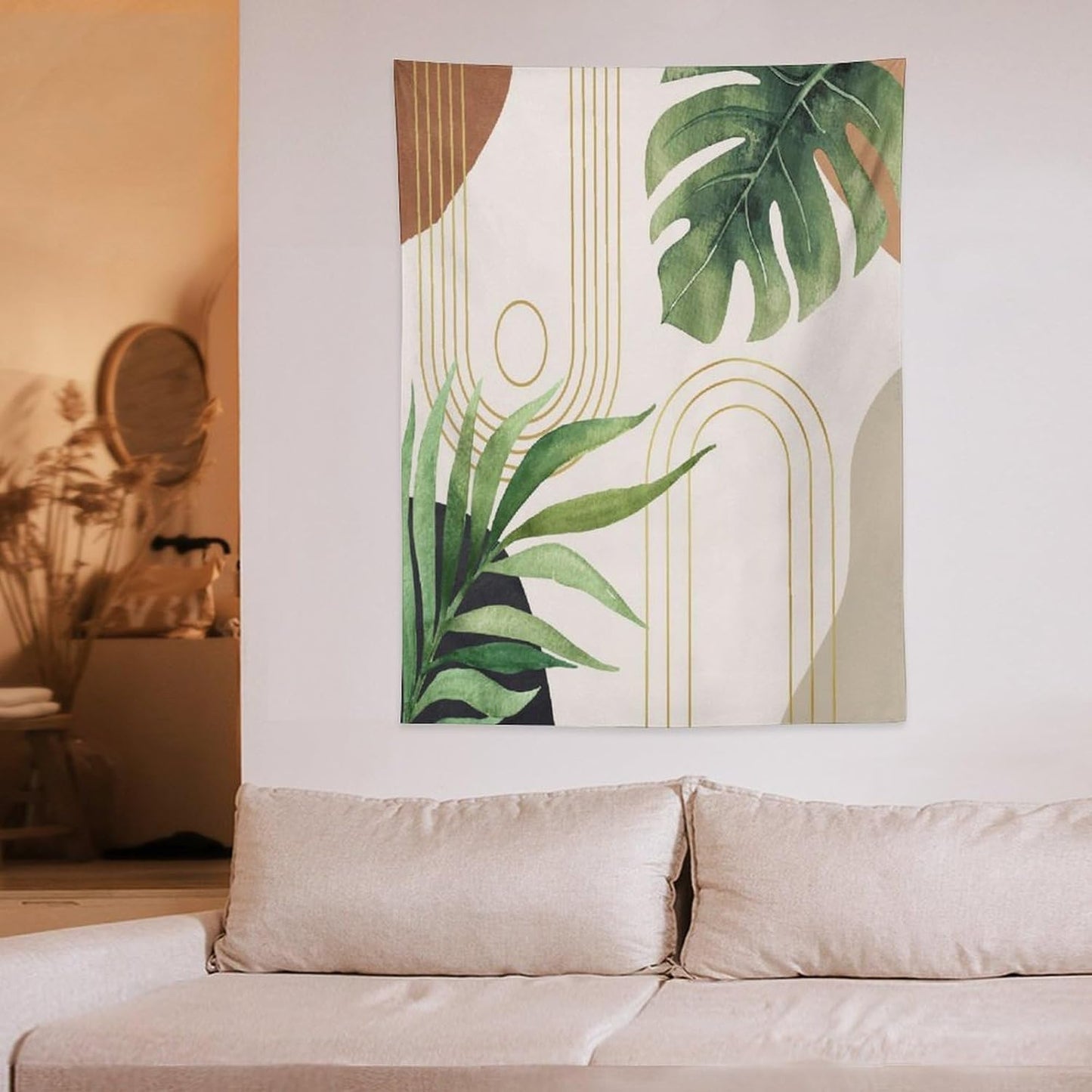 Abstract Boho Tapestry, Mid Century Tropical Tree Leaves Modern Geometric Arch Bohemian Botanical Tapestry, Home Aesthetic Wall Hanging Art Decor for Living Room Bedroom Dormitory 60x60 Inch