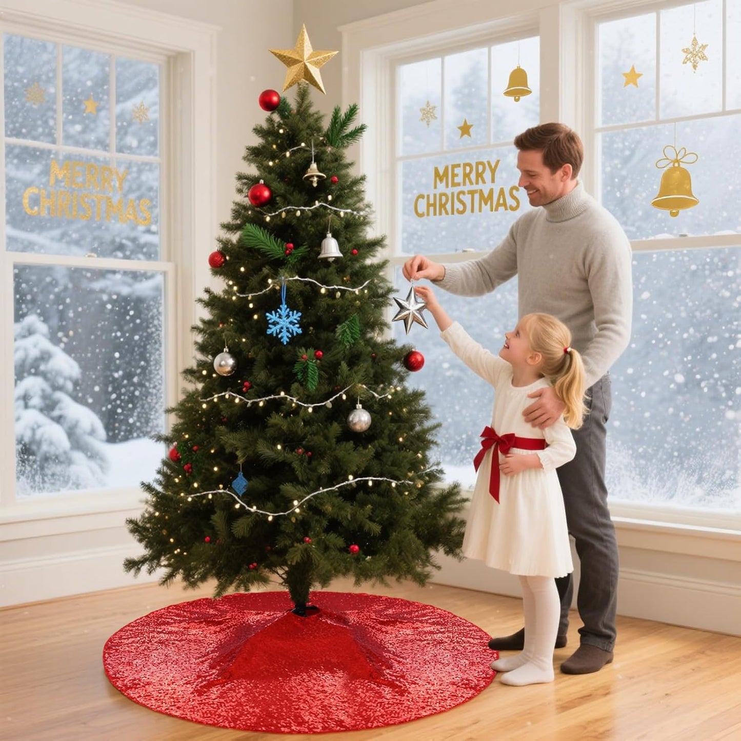 Eternal Beauty Christmas Tree Skirt, 24 Inch Red Sequin Tree Skirt Small Xmas Tree Skirt for Christmas Tree Decorations