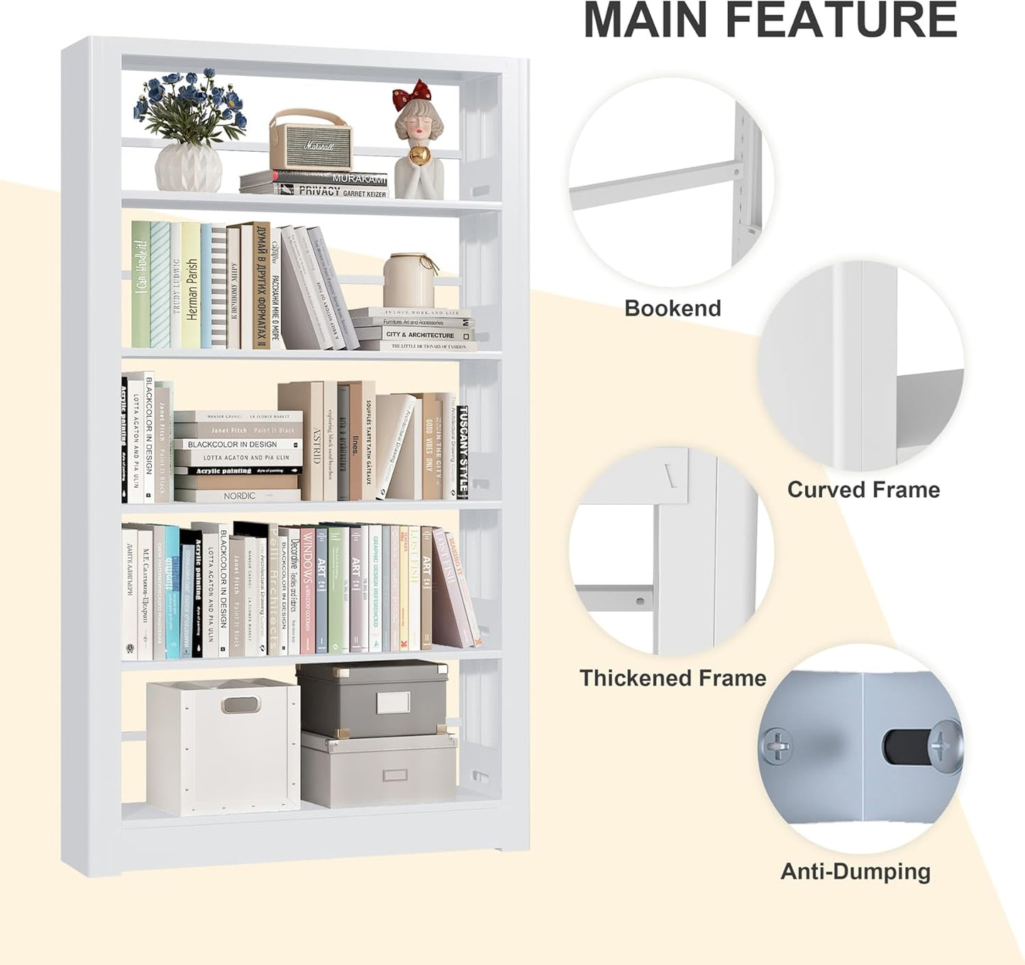 Heavy Duty Metal Bookshelf, 5 Shelf Adjustable Bookcase, 69’’ Tall Modern Bookshelves, Open Book Shelf Organizer, Large Sturdy Book Case for Living Room, Library, Office, White Book Shelf