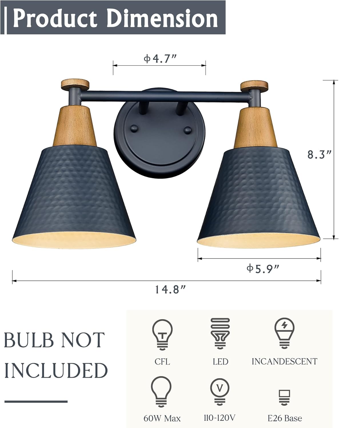 FEMILA 2-Light Bathroom Light Fixtures, Modern Bathroom Vanity Light with Hammered Metal Shade, Dark Blue Sconces Wall Lighting for Mirror Kitchen Bedroom, 4FG59B-2W Blue