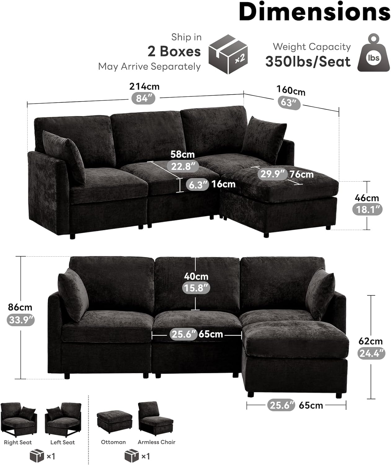 Tbfit 85" Convertible L Shaped Couch, Sectional Sofa for Living Room,Chenille Cloud Couch with Ottoman 4 Seat, Black