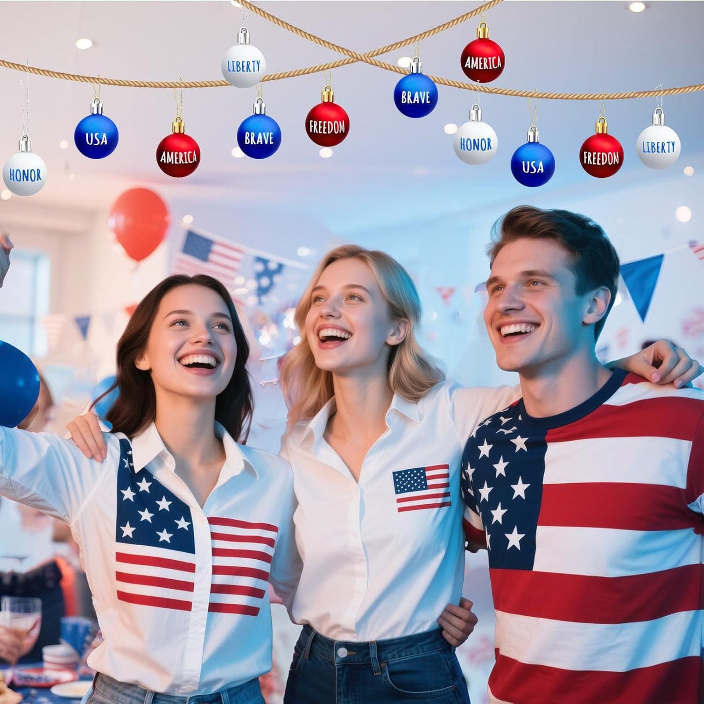 JULMELON 24Pcs 4th of July Patriotic Hanging Ball Ornaments Memorial Day Independence Day Labor Day Hanging Decorations for Home Party Christmas Tree Decor, Blue Red and White