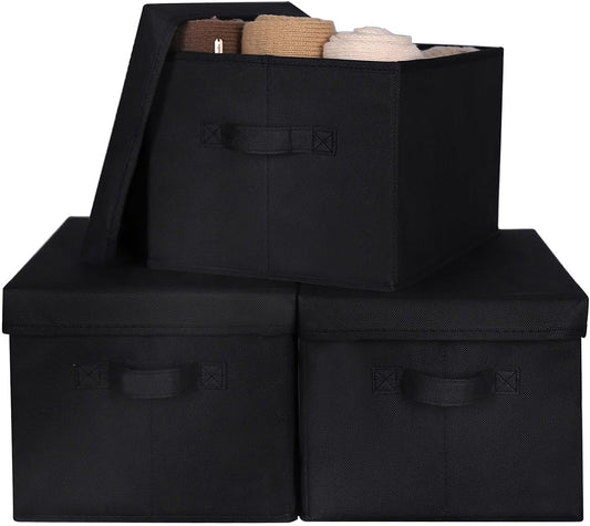 WUIKE 3 Pack Large Fabric Storage Bins with Lids, Decorative Storage Boxes with Handles, Storage Baskets for Shelves, Foldable Storage Containers, Closet Organizers for Towels, Clothes, Black