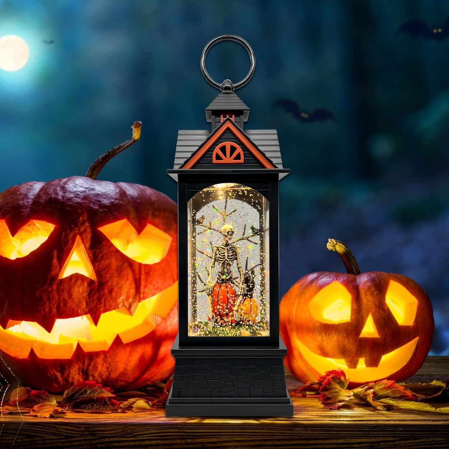 Halloween Snow Globe Lantern with 6 Hour Timer,Halloween Decorations Indoor for Home,Halloween Decor,USB or Battery Powered for Halloween Lanterns,Halloween Skeleton-B