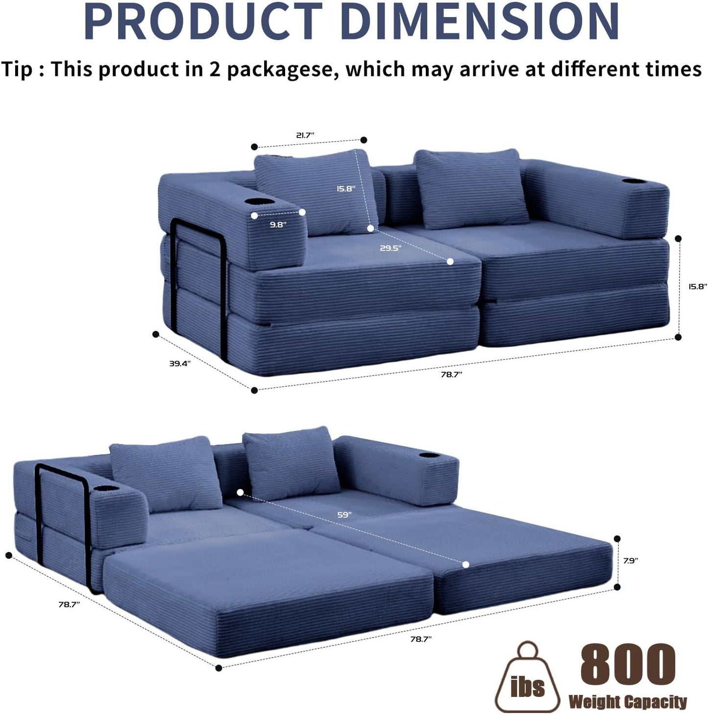 78" W Loveseat Sofa, 4 in 1 Convertible Floor Sofa Bed, Boneless Cloud Couch with Cup Holder, Fold Out Floor Couch, Loveseat Recliner Sleeper for Living Room Bedroom Lounge(Corduroy, White)