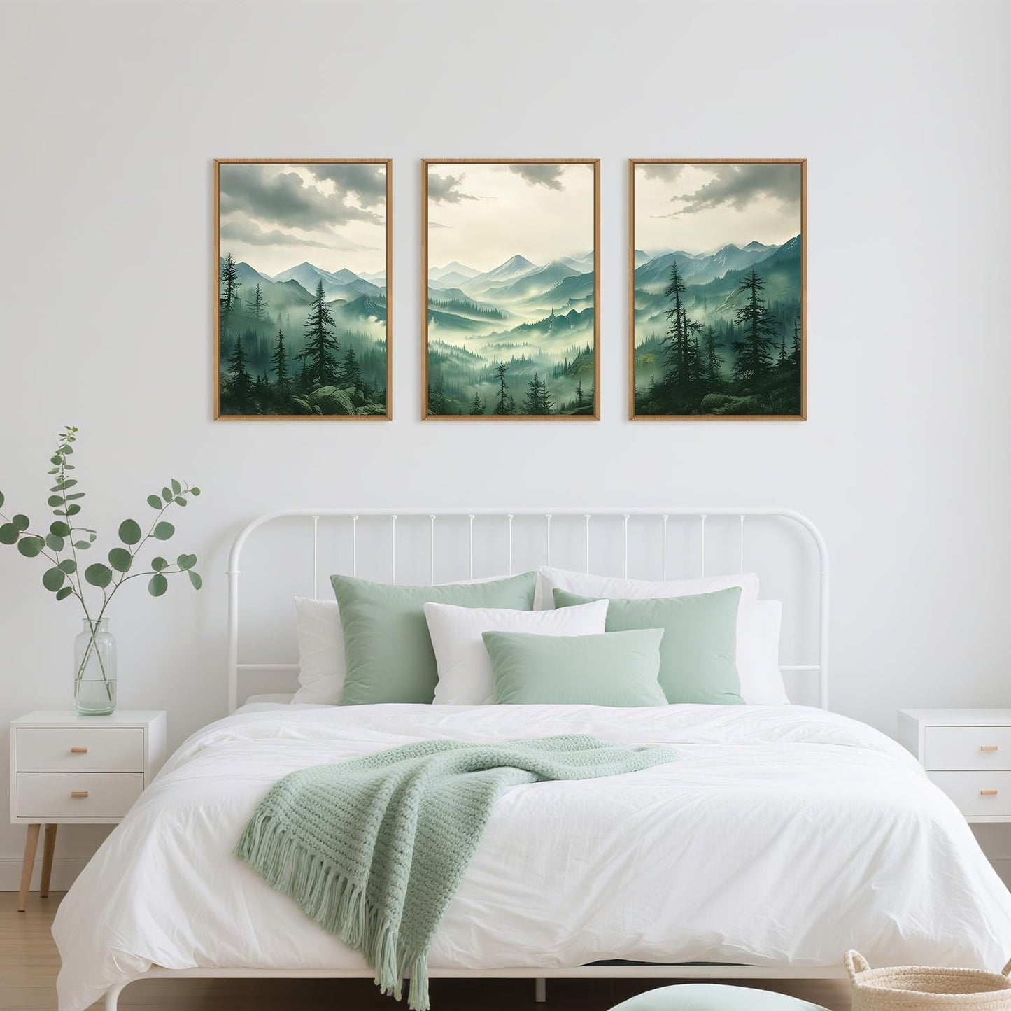 Green Foggy Mountain Framed Canvas Wall Art Set, Misty Forest Wall Decor, Watercolor Pine Tree Wall Painting, Large Nature Landscape Art Print for Living Room, Bedroom, Office - 16"X24"X3
