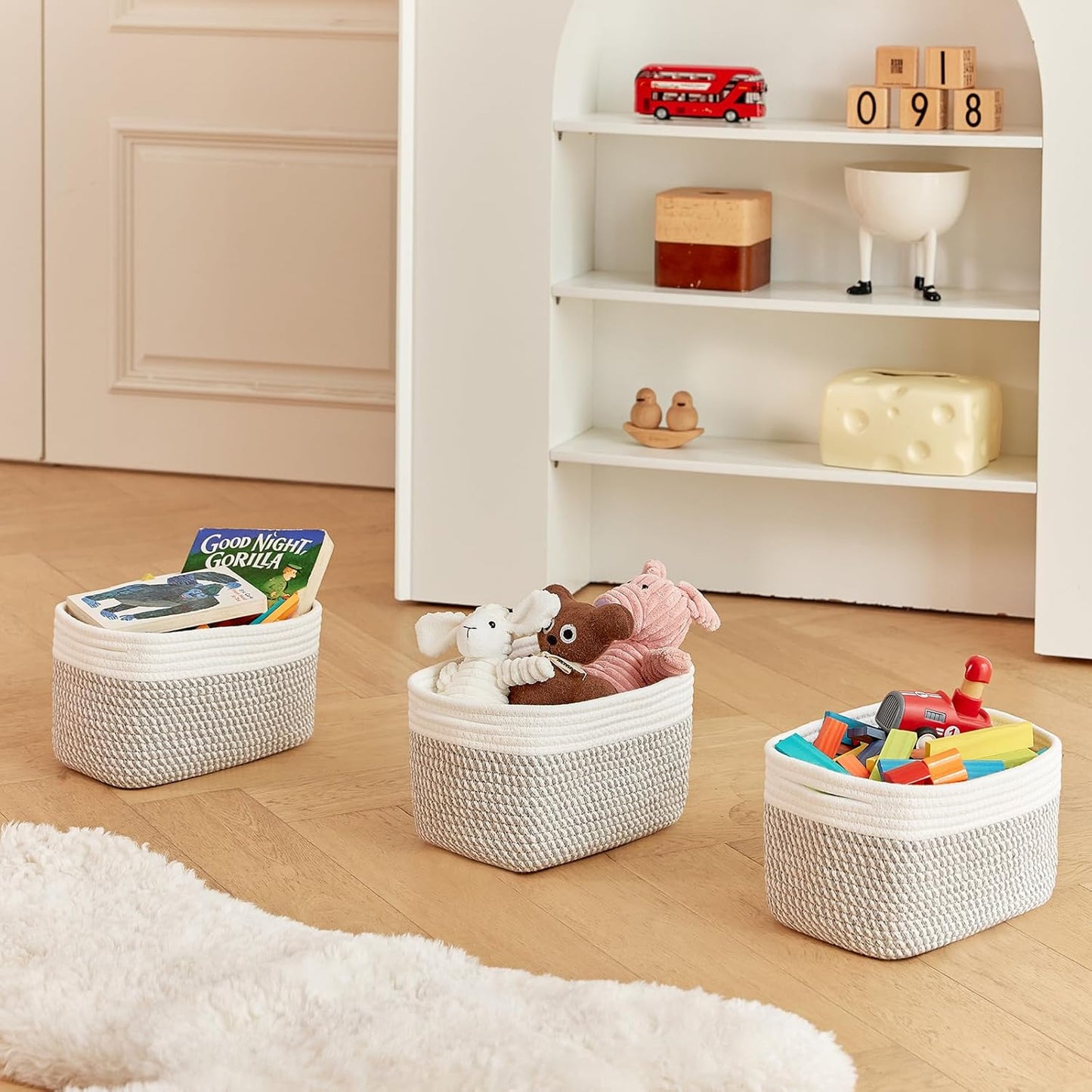 Small Cotton Rope Storage Basket Set of 3-11"x7"x7" Perfect Woven Baskets for Storage, Ideal Storage Baskets for Organizing Toys, Towels, and More - Baskets for Shelves（White & Mixed Grey）