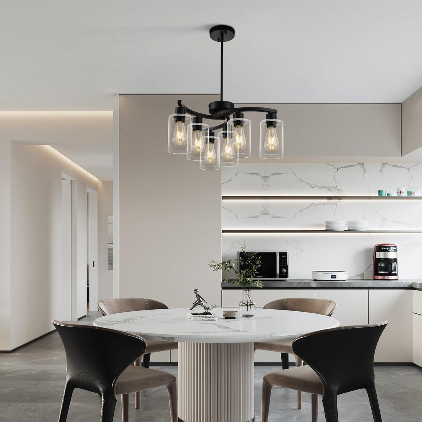 6 Light Modern Farmhouse Chandelier，Black Dining Room Light Fixture，Kitchen Pendant Lights Over Island with Glass Shade