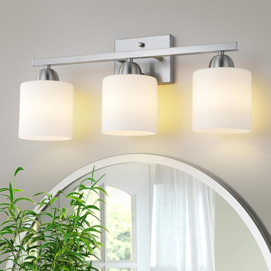 Stainless Steel Milk Glass Vanity Lights for Bathroom, 3 Light Brushed Nickel Bathroom Light Fixtures Over Mirror, Ceramic E26 Sockets Wall Mounted