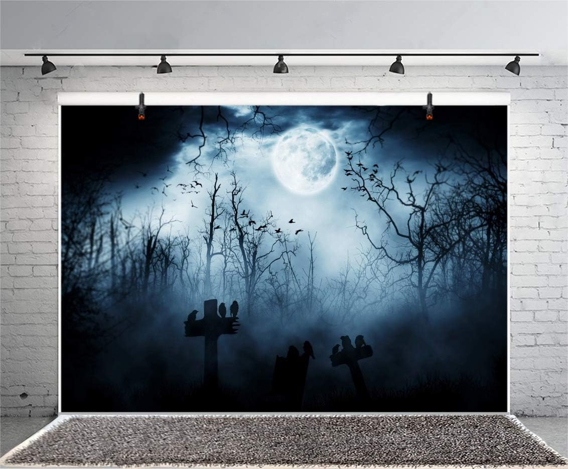AOFOTO 15x10ft Moon Night Halloween Cemetery Photography Backdrop Flying Bats Birds Stand on Gravestone Cross Graveyard in Dark Forest Photo Background Cloth Vinyl Wallpaper Photo Studio Props