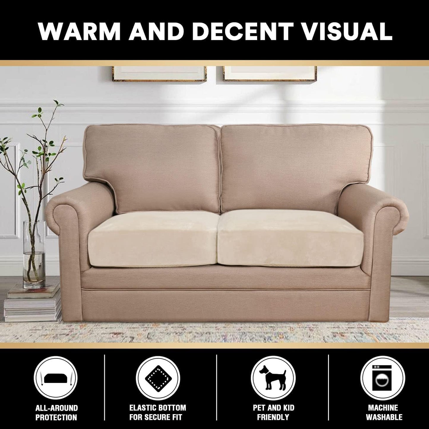 PrinceDeco Velvet Couch Cushion Cover Soft Stretch Cushion Slipcover for Chair Loveseat Sofa Cushion Furniture Protector Seat Cushion Sofa Cover (2 Piece Large Sofa Cushion Covers, Ivory)