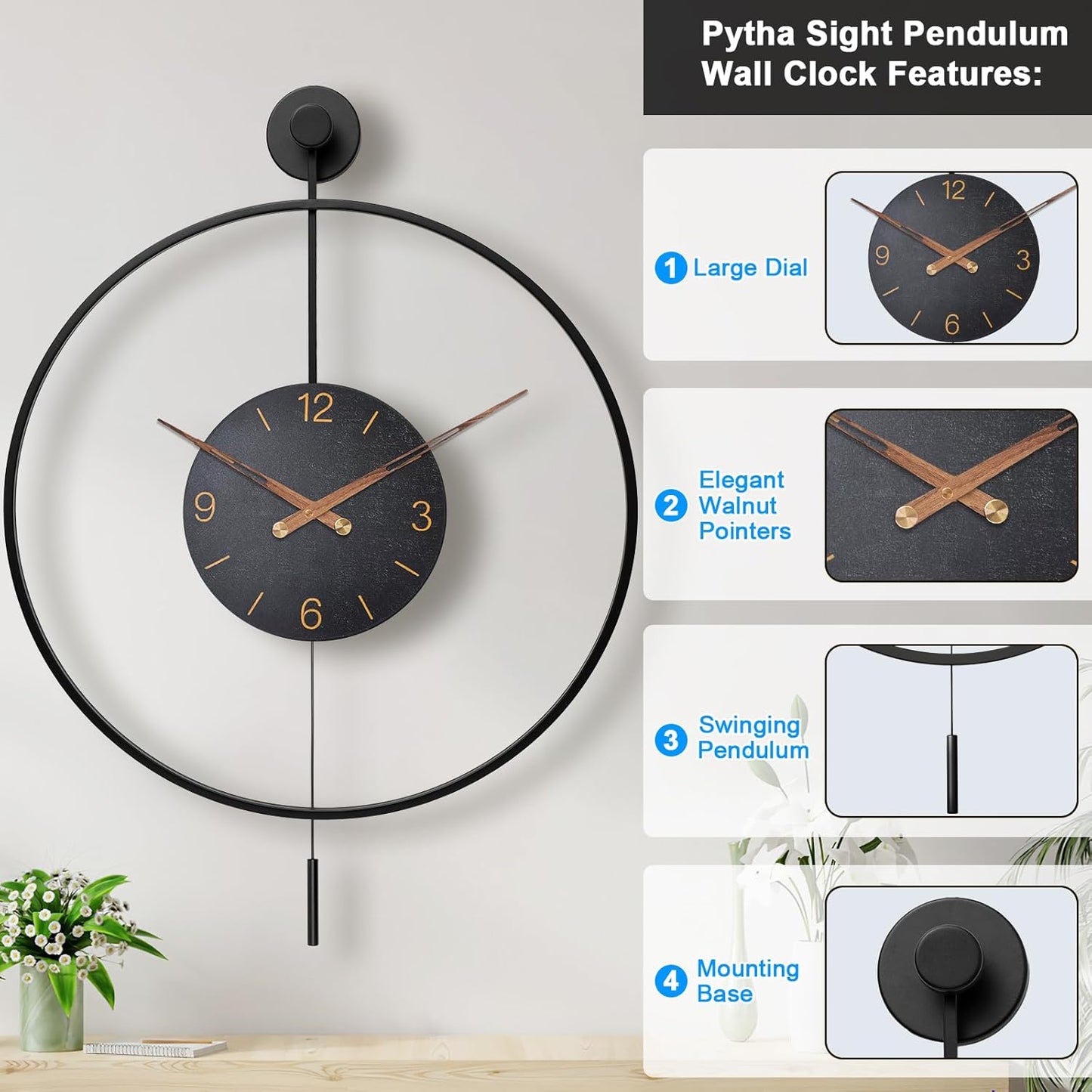 Large Modern Wall Clock,34.6×24 Inch Big Metal Minimalist Arabic Numeral Dial,Decorative Farmhouse Pendulum Wall Clocks with Walnut Pointers forLiving Room Decor, Office,Dining Room