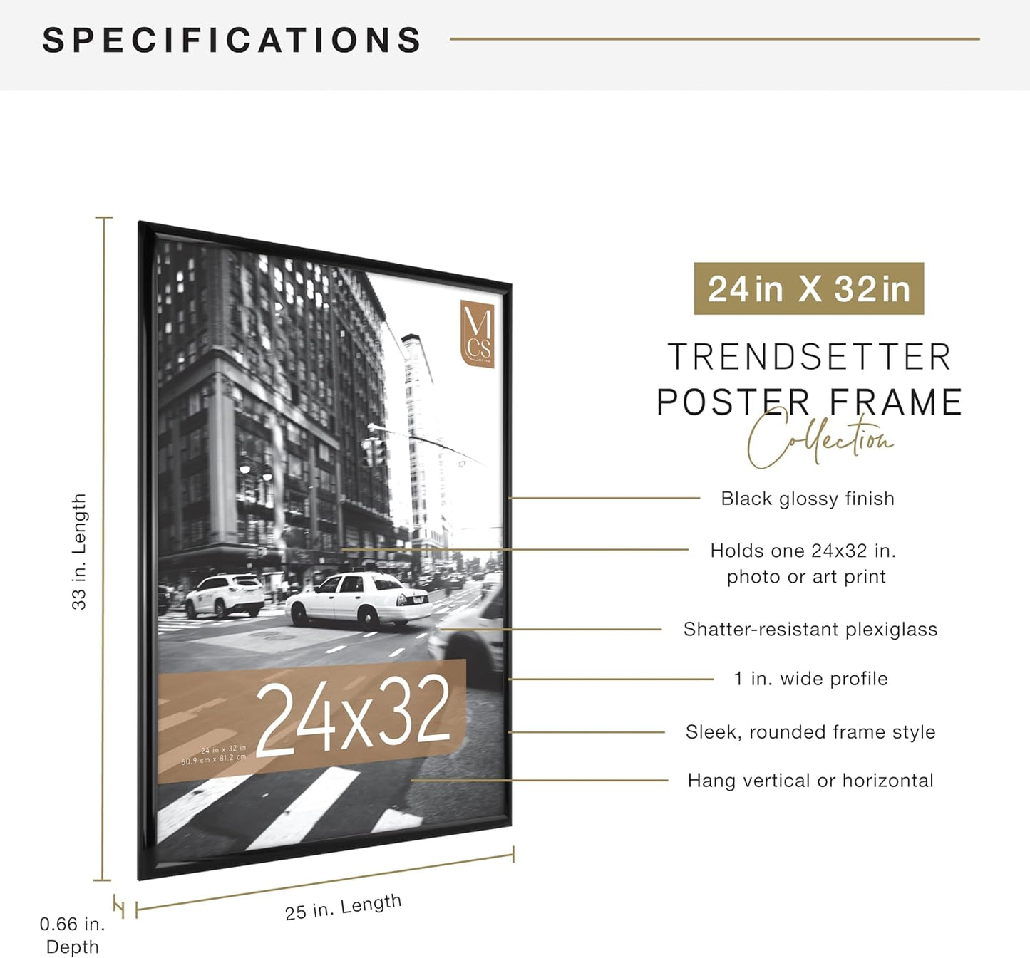 MCS Trendsetter 24x32 Poster Frame Black High-Gloss, Vertical & Horizontal Wall Hanging Large Picture Frame for Photos, Posters & Art Prints (1-Pack)