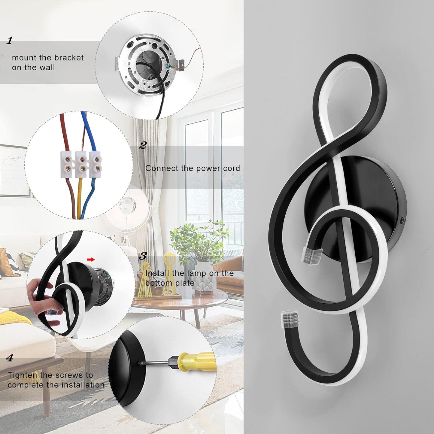 XEYOU 22W Modern Wall Sconce Lighting Indoor LED Creative Wall Light Fixture Music Symbol Art Decoration Wall Lamp for Living Room Bedroom Stair Corridor, Black 4500K