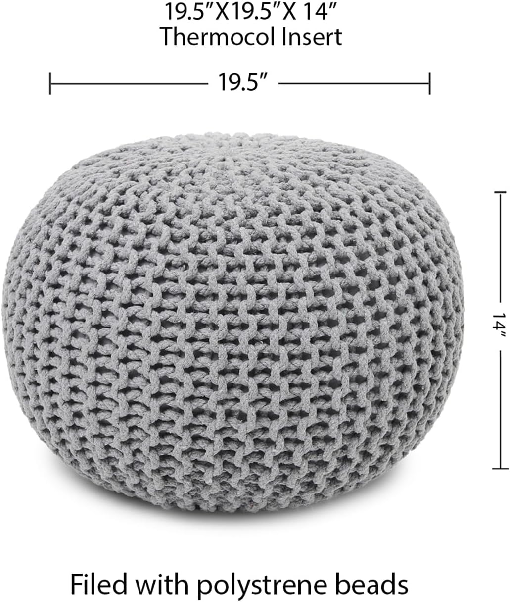 REDEARTH Round Boho Pouf Ottoman - Cable Knitted Cord Boho Pouffe - Stuffed Poof Accent Beanbag Footrest for Living Room - Nursery - Bedroom - Covered Patio - Study Nook (19.5"x19.5"x14") - Gray