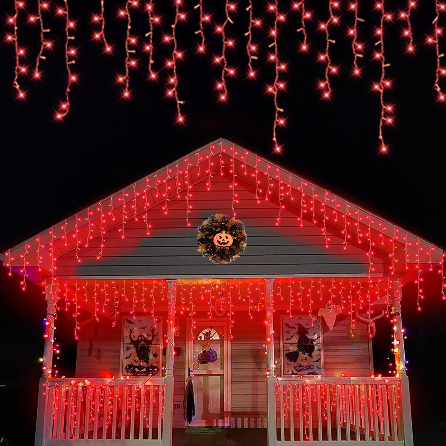 QITONG Red Halloween Lights for Outside, 66ft 800 LED Icicle Light with 8 Modes, 160 Drops Clear Wire Connectable Christmas Lights Indoor Plug in