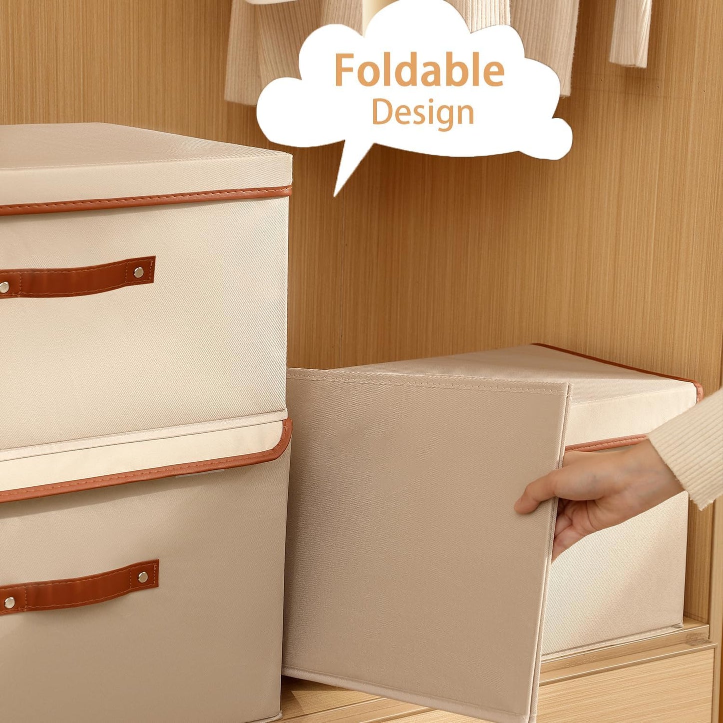 Tuza 4 Pack Large Fabric Storage Bins with Lids, Foldable Storage Boxes with Lids for Organizing, Decorative Storage Boxes with Handles for Home, Bedroom, Closet, Office(Khaki, Medium)