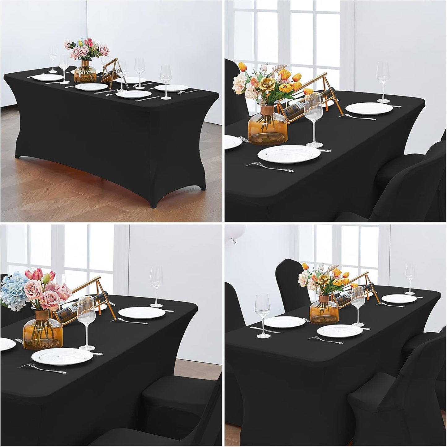 CWK 8FT Waterproof Stretch Spandex Table Cover for Rectangular Tables - Elastic Fitted Tablecloth for Folding Tables,Wrinkle Resistant Table Cloth for Parties, Weddings, Banquets & Events (Black)