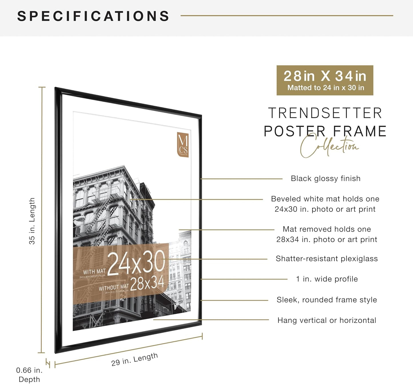 MCS Trendsetter 28x34 Matted Poster Frame with 24x30 Picture Display, Black Vertical & Horizontal Wall Hanging Large Picture Frame for Photos & Posters (1-Pack)